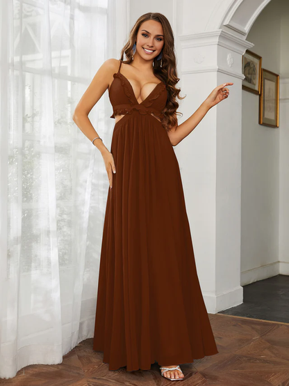 OKBBN thin shoulder strap ruffle edge chiffon hollow out ultra long sexy bridesmaid dress