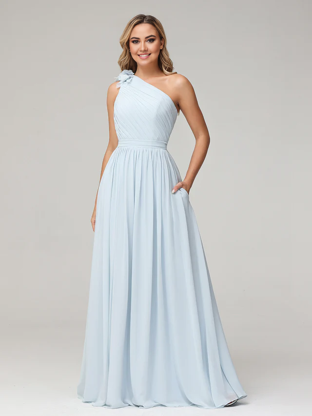 OKBBN Single Shoulder Pocket Chiffon Bridesmaid Dress