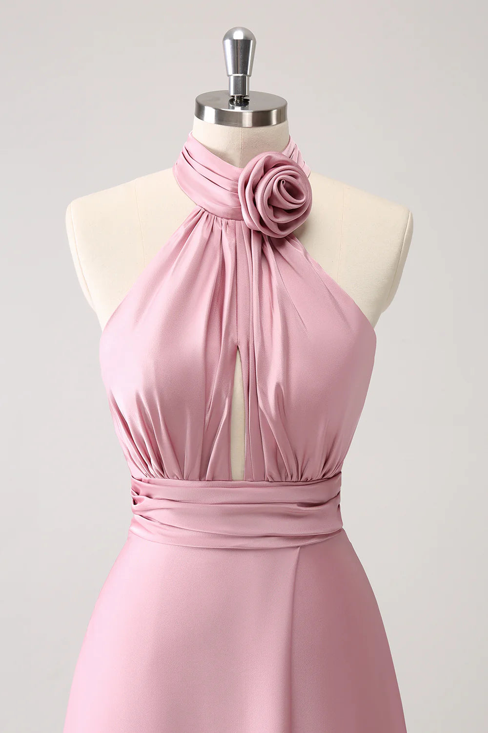 OKBBN A-line backless pleated floral satin slit long ball gown
