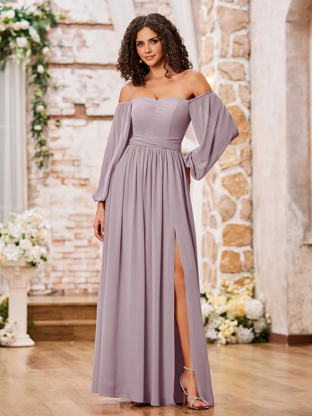 OKBBN off shoulder long sleeved chiffon split bridesmaid dress