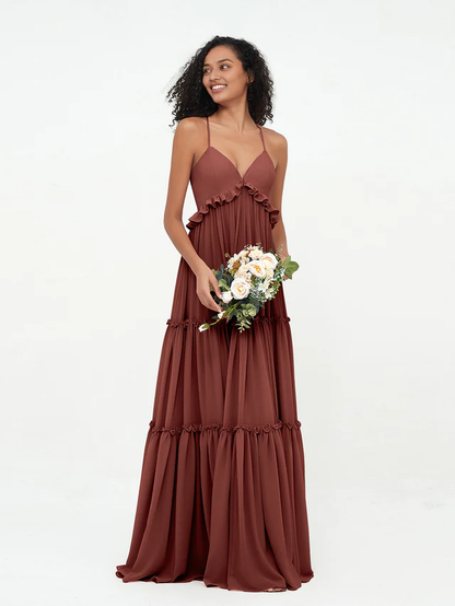 OKBBN chiffon thin shoulder strap layered sleeveless bridesmaid dress
