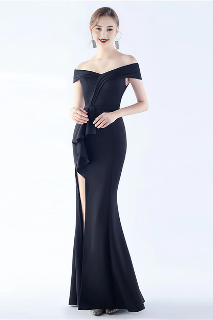 OKBBN off shoulder mermaid crepe slit evening gown