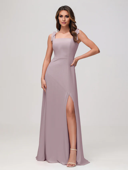 OKBBN square neckline sleeveless and floor chiffon bridesmaid dress