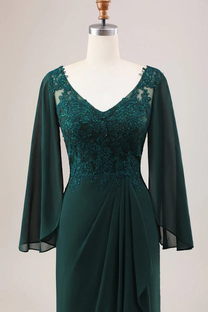 OKBBN Sparkling Mermaid Chiffon Long Sleeve Bridal Mother Dress