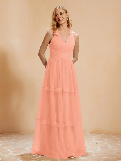 OKBBN V-neck pleated ruffle and ground chiffon bridesmaid dress