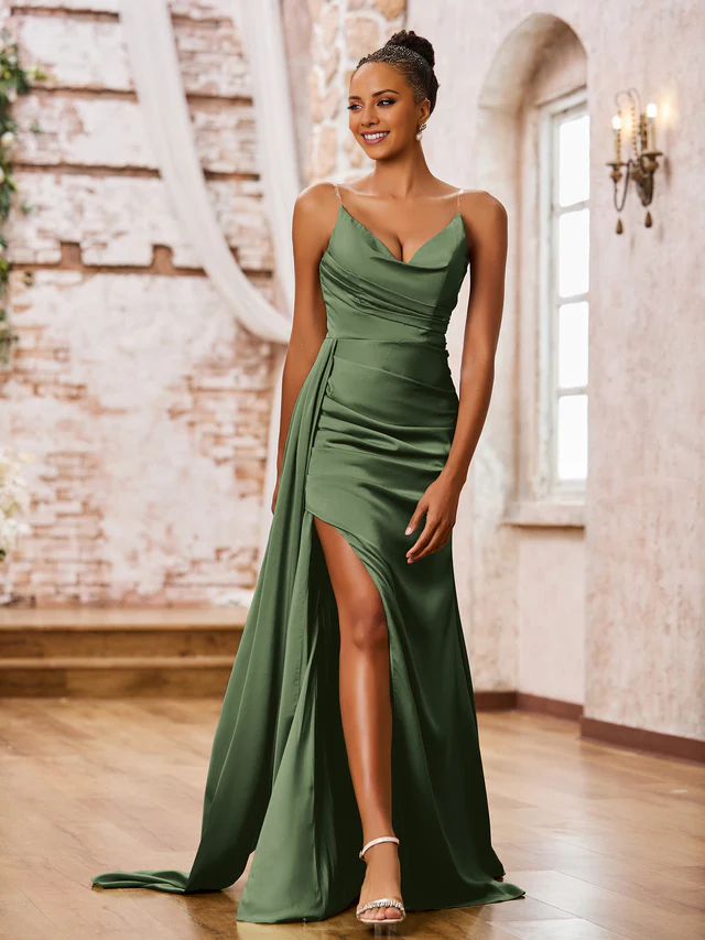 OKBBN tight slim shoulder strap soft satin sexy slit bridesmaid dress
