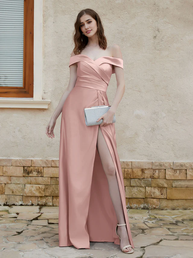 OKBBN Elegant Off Shoulder Satin Split Bridesmaid Dress