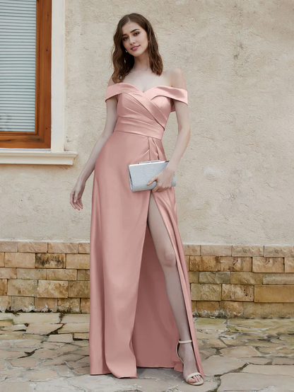 OKBBN Elegant Off Shoulder Satin Split Bridesmaid Dress