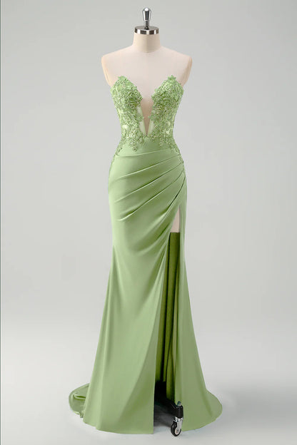 OKBBN mermaid tight corset pleated long slit dance dress