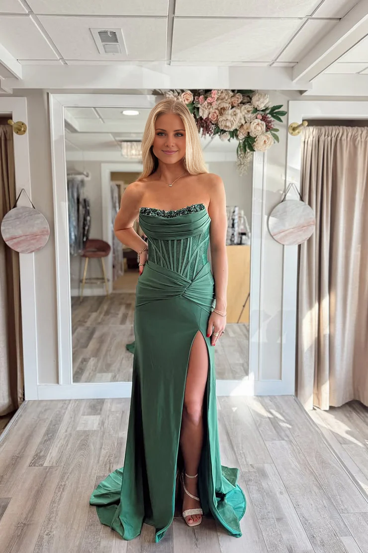 OKBBN Mermaid Round Neck Satin Long Ball Dress