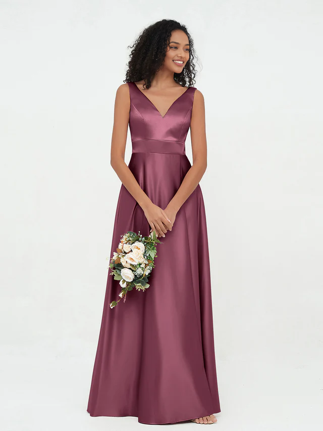 OKBBN Princess V-neck satin pocket bridesmaid dress