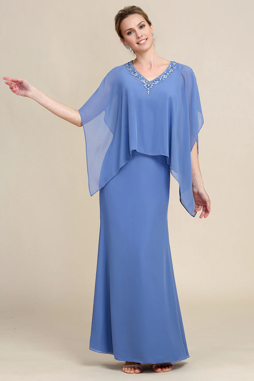 OKBBN dignified bat sleeve sparkling bead bride mother dress