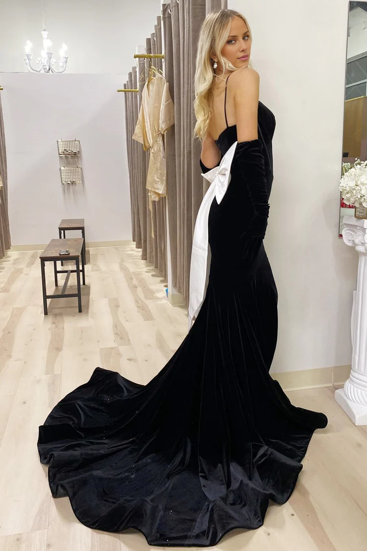 OKBBN Charming Mermaid Thin Strap Bow Back Velvet Long Ball Dress