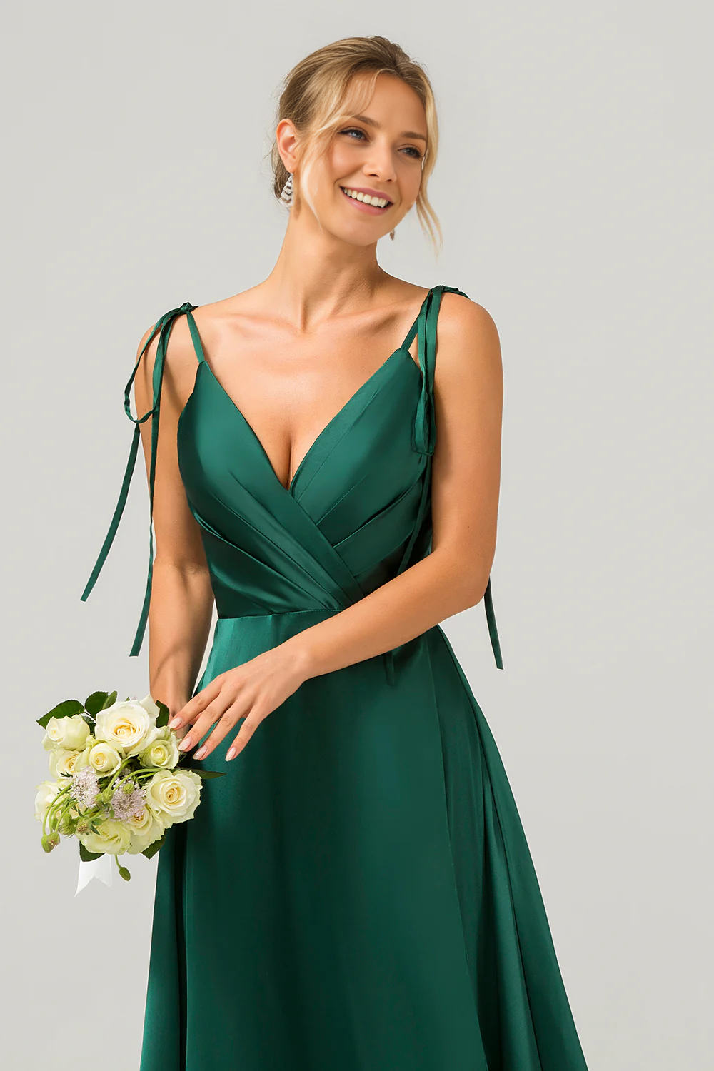 OKBBN A-line thin shoulder strap pleated slit long bridesmaid dress