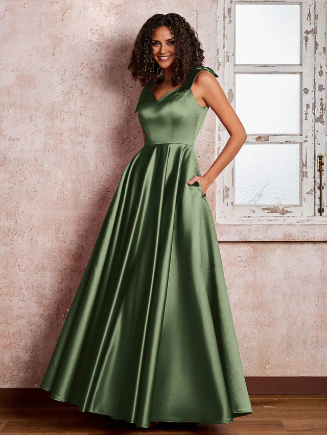OKBBN V-neck and shoulder bow satin bridesmaid dress