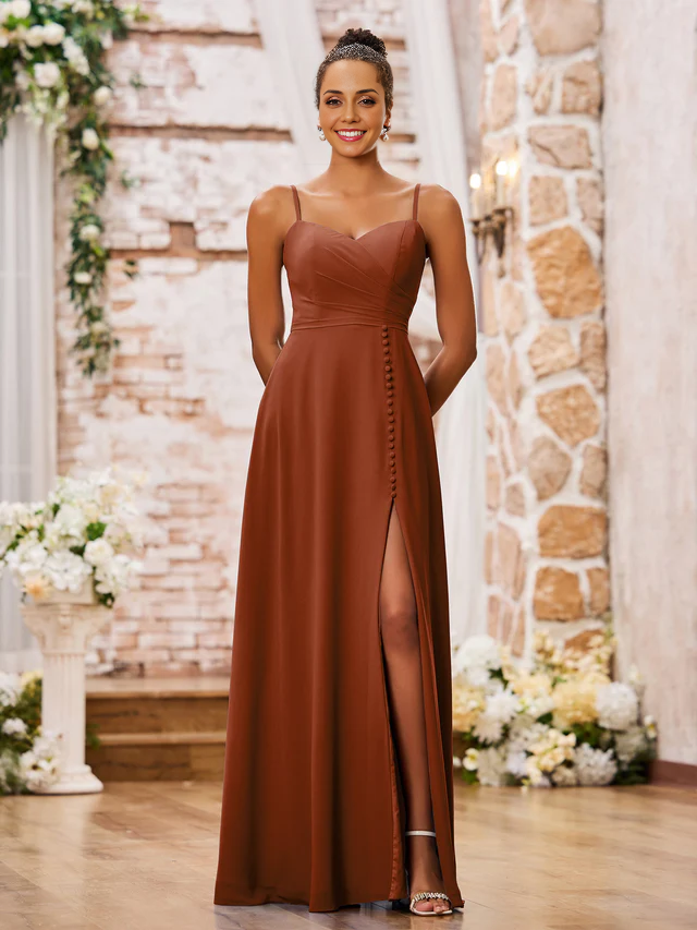 heart-shaped collar with thin shoulder straps chiffon bridesmaid dress