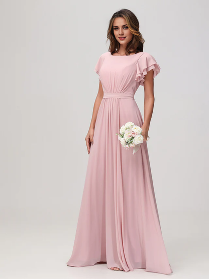 OKBBN boat shaped collar with floating sleeves and floor bridesmaid dress