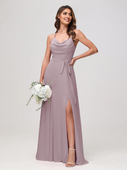 OKBBN sexy scarf collar pleated chiffon slit bridesmaid dress