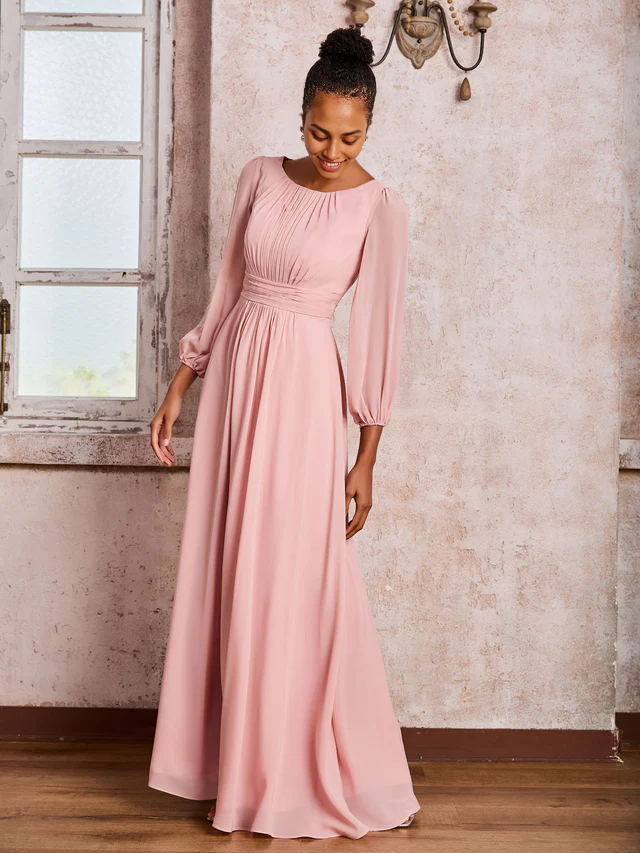 OKBBN boat collar long sleeved pleated A-line chiffon bridesmaid dress