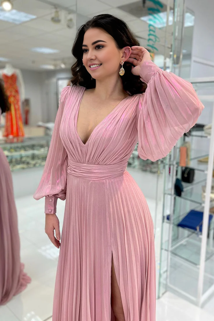 OKBBN charming A-line V-neck chiffon long sleeved bridesmaid dress
