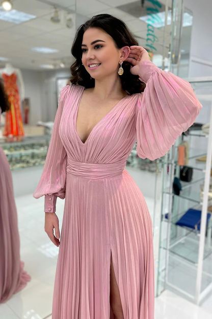 OKBBN charming A-line V-neck chiffon long sleeved bridesmaid dress