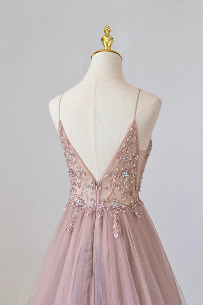 OKBBN chiffon long A-line thin shoulder strap beaded ball gown