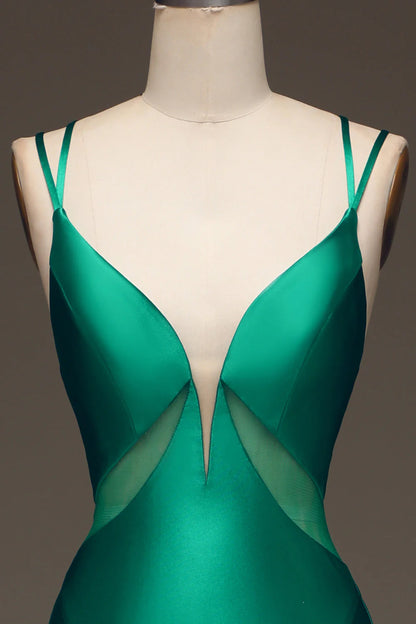 OKBBN mermaid slim shoulder strap deep V-neck satin long ball dress