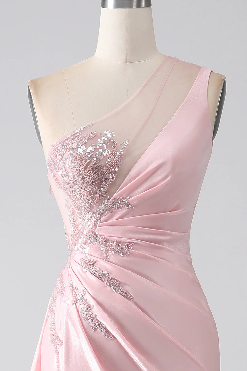 OKBBN Mermaid One Shoulder sequin applique pleated slit long dance dress