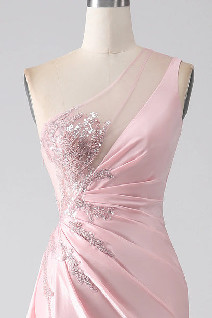OKBBN Mermaid One Shoulder sequin applique pleated slit long dance dress