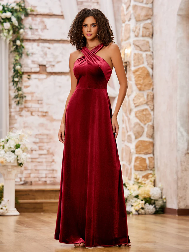OKBBN Velvet Sleeveless Long Bridesmaid Dress