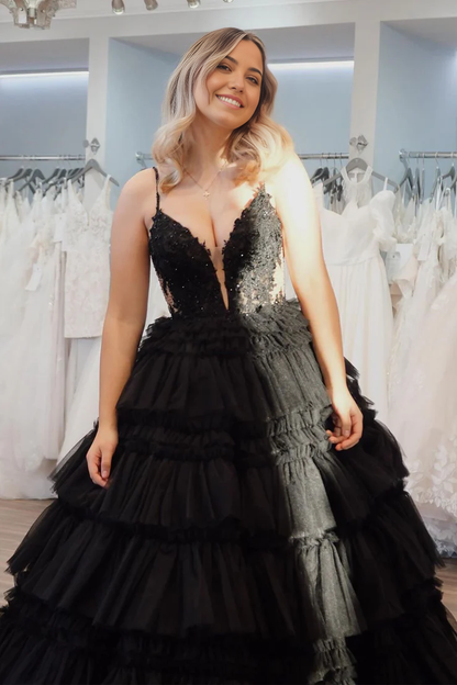 OKBBN Princess V-neck Layered Chiffon Long Ball Dress