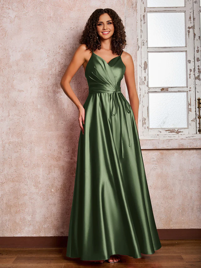 OKBBN Princess Thin Shoulder Strap Long Satin Bridesmaid Dress