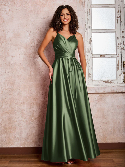OKBBN Princess Thin Shoulder Strap Long Satin Bridesmaid Dress
