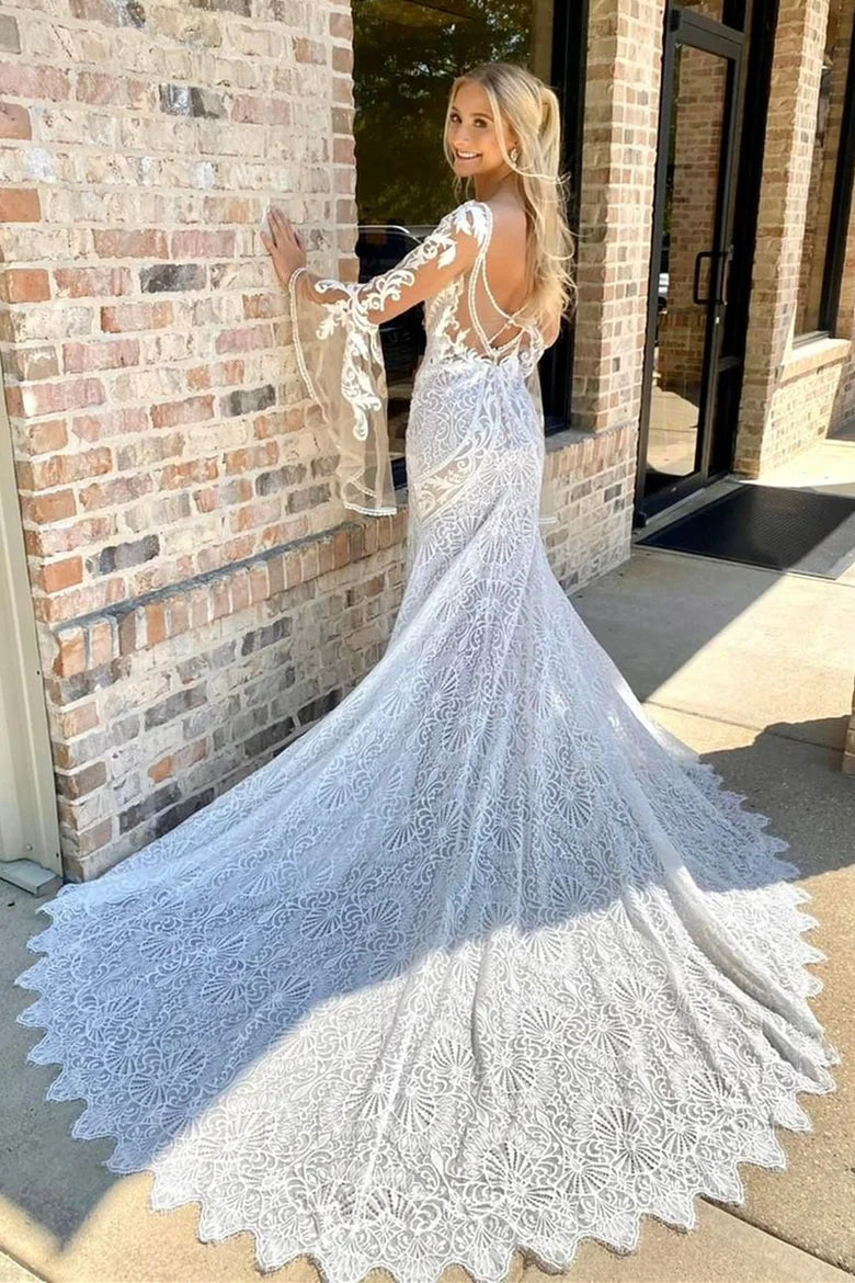 Lace Plunge Long Sleeve Mermaid Long Wedding Dress