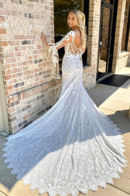 Lace Plunge Long Sleeve Mermaid Long Wedding Dress