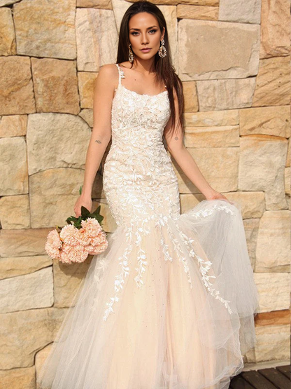 OKBBN Gorgeous Mermaid chiffon applique sleeveless thin shoulder strap and floor dance dress