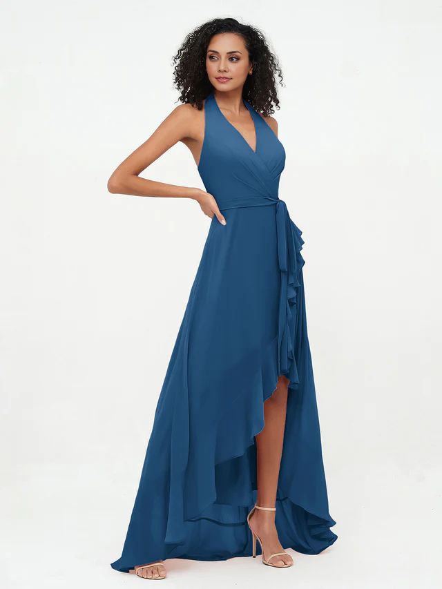 OKBBN backless deep V-neck chiffon asymmetrical bridesmaid dress