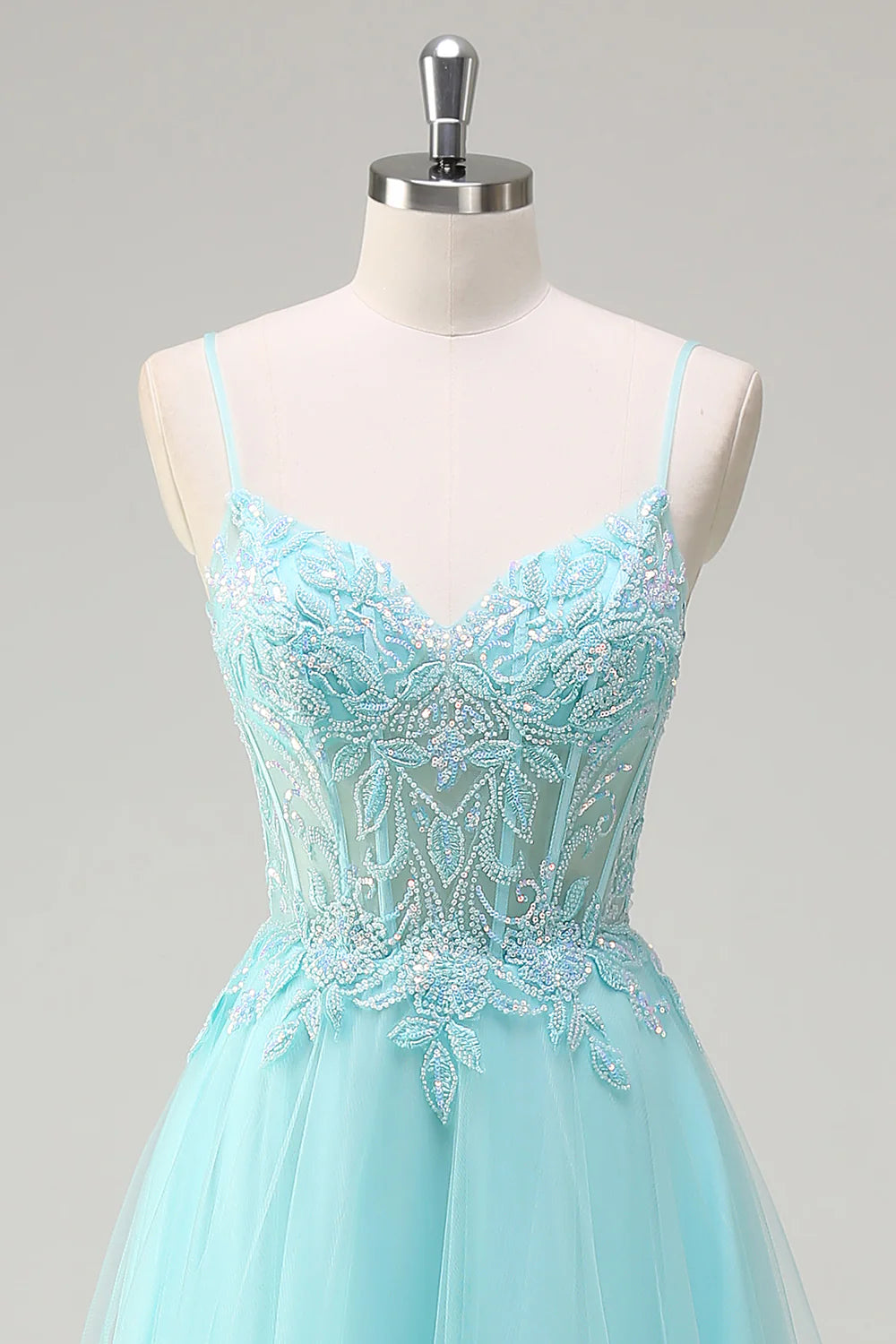 OKBBN A-line thin shoulder strap sequined chiffon long ball dress
