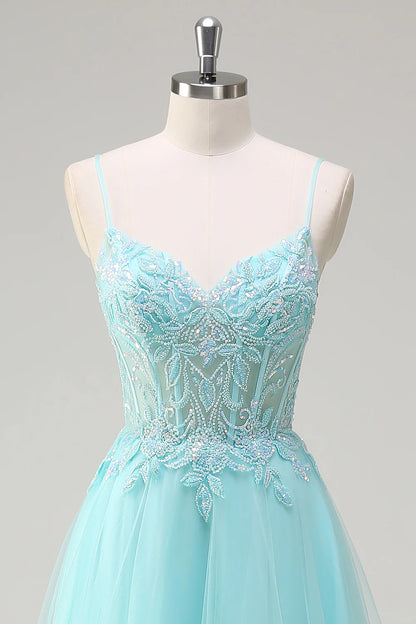 OKBBN A-line thin shoulder strap sequined chiffon long ball dress
