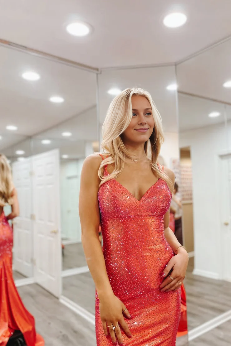 OKBBN Sparkling Mermaid V-neck Long Ball Dress