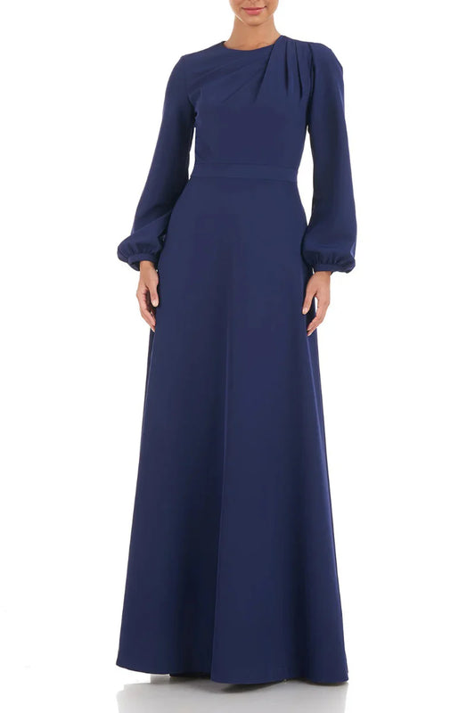 Kay Unger Crew Neck Long Sleeve Zipper Neck A-Line Stretch Crepe Dress