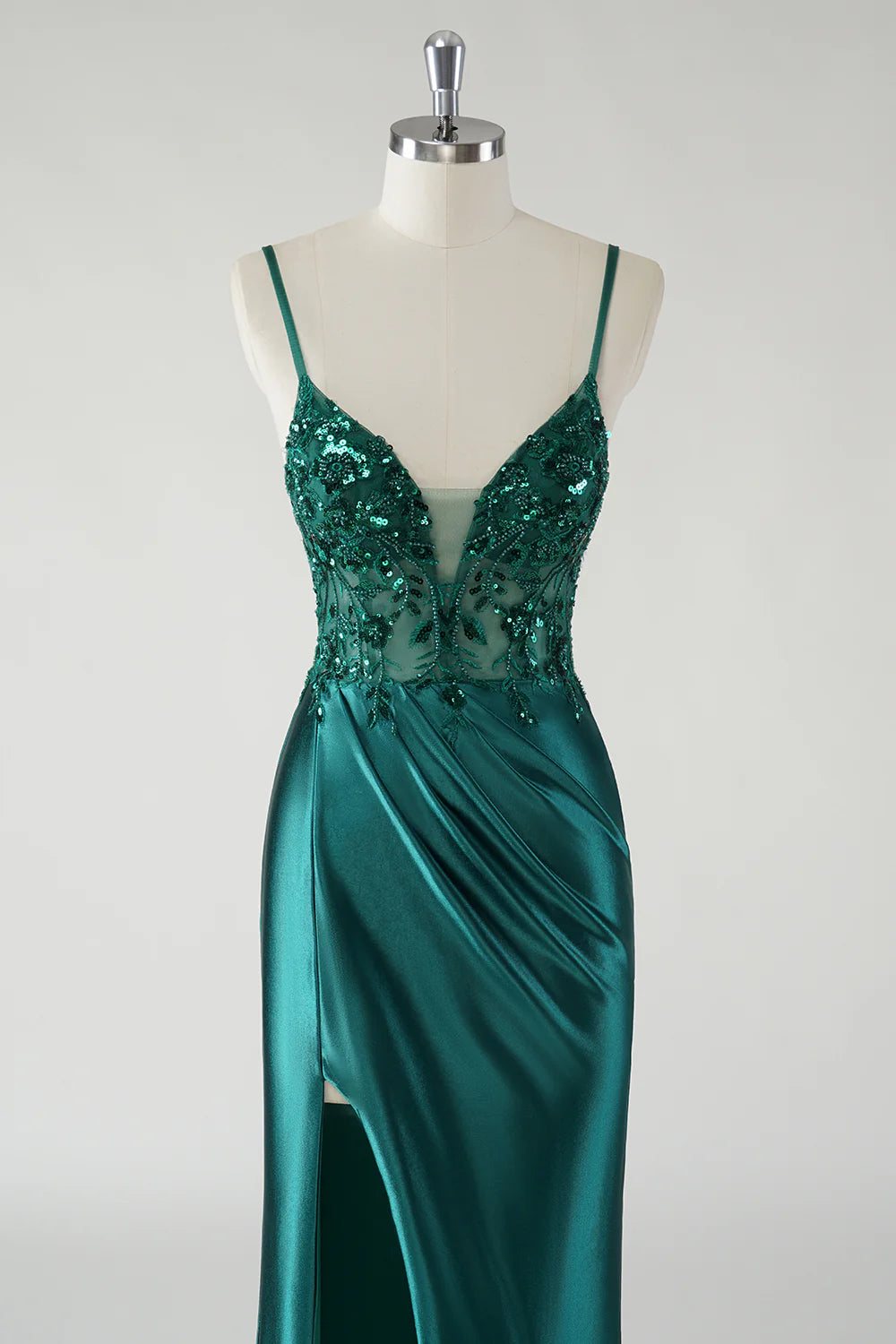 OKBBN Elegant Fine Strap Floral Satin Split Evening Dress