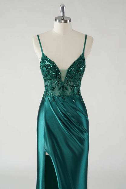 OKBBN Elegant Fine Strap Floral Satin Split Evening Dress