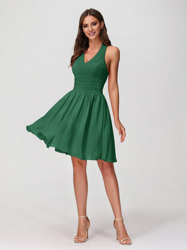 OKBBN backless V-neck short chiffon bridesmaid dress