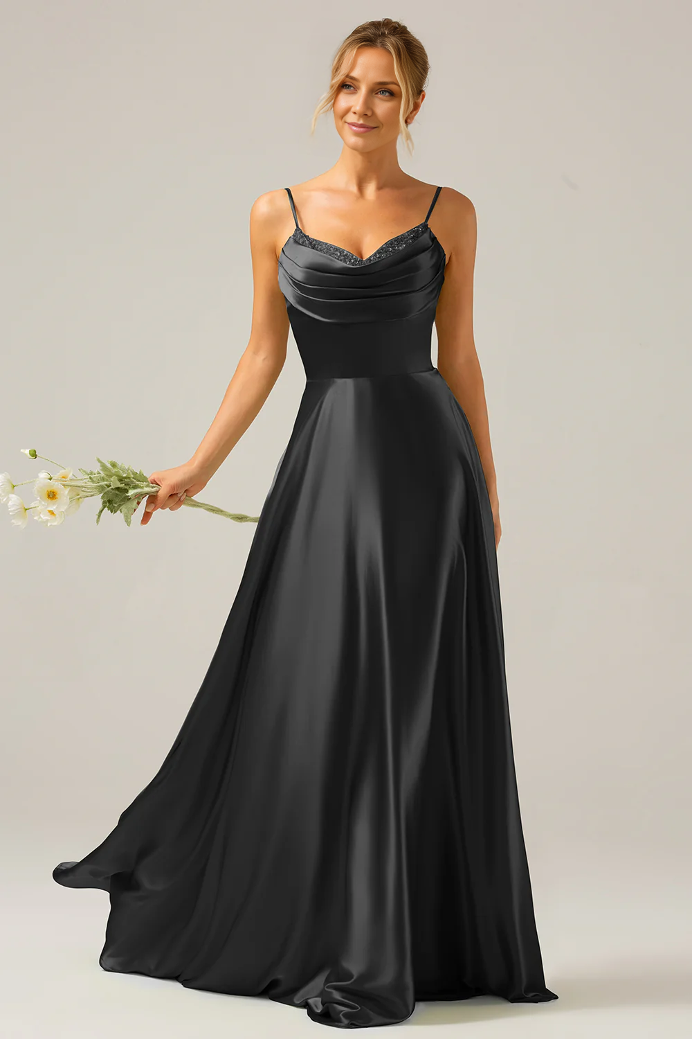 OKBBN A-line scarf collar satin long bridesmaid dress