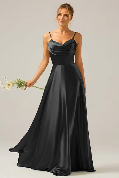 OKBBN A-line scarf collar satin long bridesmaid dress