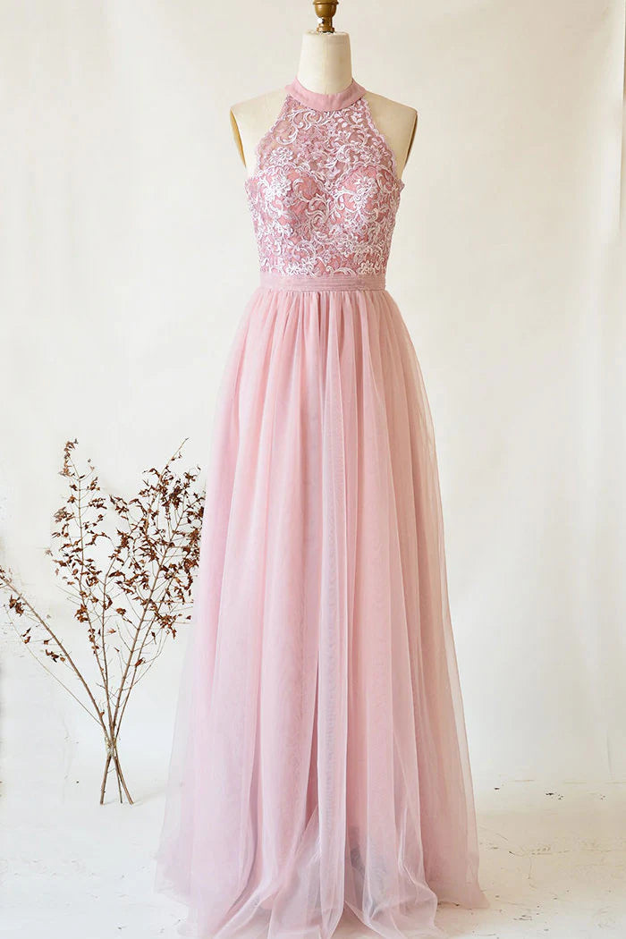 Pink tulle lace long prom dress pink tulle lace prom dress