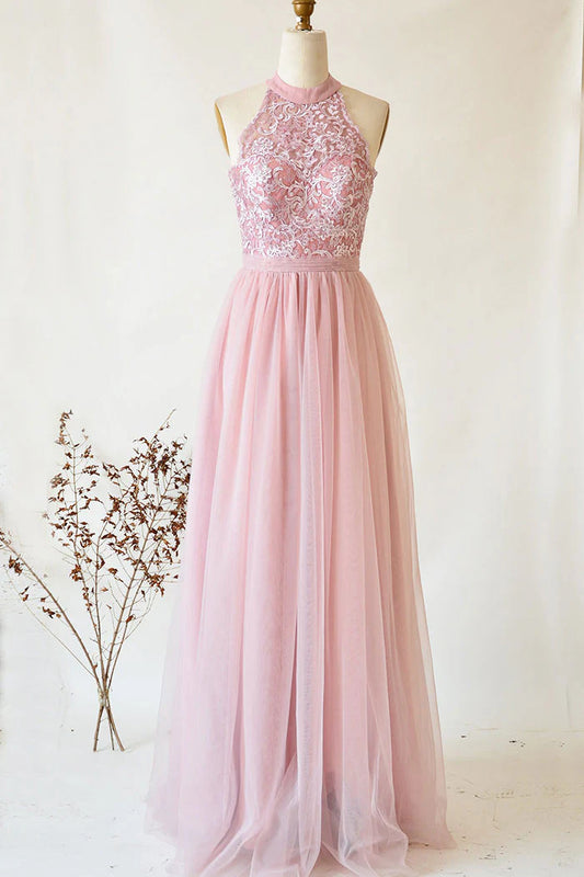 Pink tulle lace long prom dress pink tulle lace prom dress