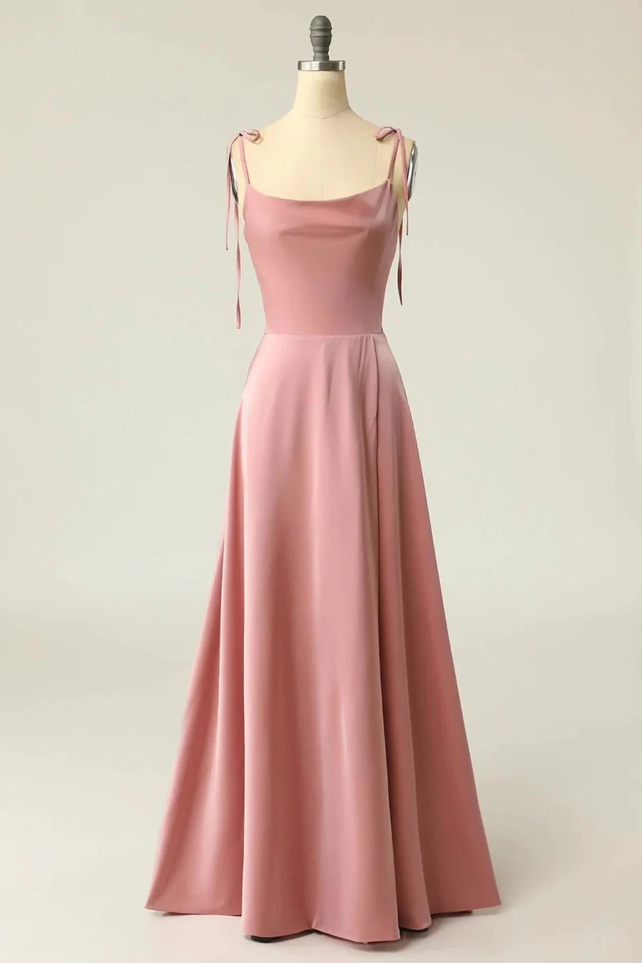 Satin Square Neck Tying Straps Long Bridesmaid Dress