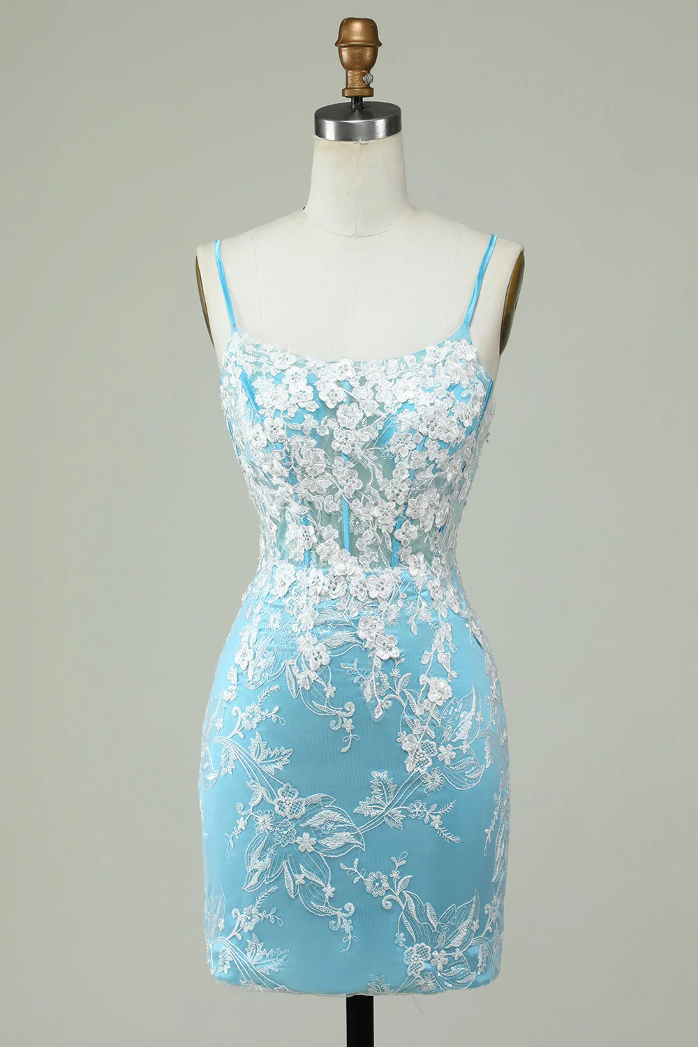 Light Blue Sheath Spaghetti Straps Short Homecoming Dress